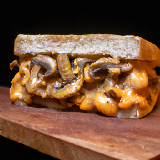 A flavorful vegan cheesesteak sandwich with seitan, mushrooms, and vegan cheese.