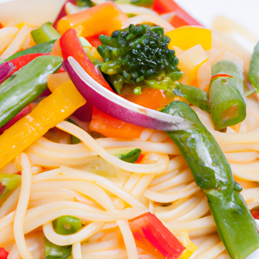 Colorful Vegetarian Spaghetti Primavera with fresh vegetables